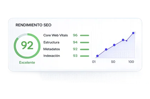 Panel de rendimiento SEO con puntuación 92 y métricas de Core Web Vitals, estructura, metadatos e indexación